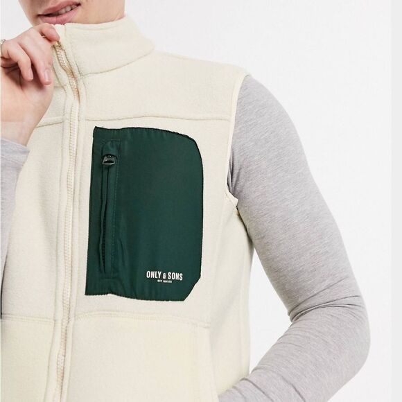 ONLY & SONS Cream And Green Fleece Zip Up Jacket Vest Size Medium NWT - Picture 4 of 4